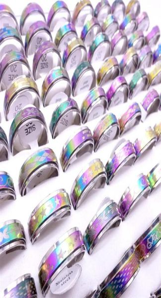 

wholesae 100pcs lot stainless steel spin band rings rotatable multicolor laser printed mix patterns fashion jewelry spinner party 3213862, Silver