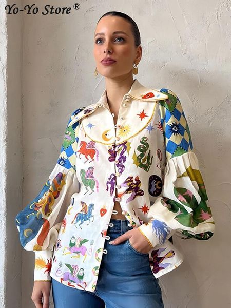 

women's blouses shirts casual women's print shirt lantern sleeve single breasted turn-down collar female shirts fashion cartoon la, White