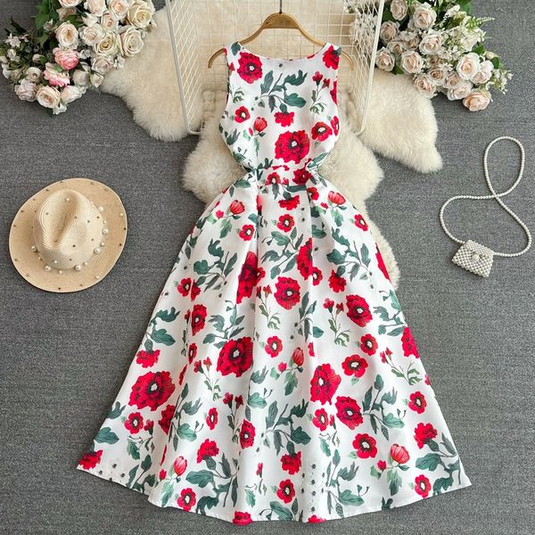 

summer celebrity ladies temperament dress sleeveless round neck waist slim mid length a-line printed tank dress, Black;gray