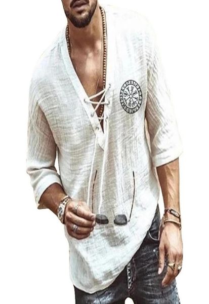 

renaissance viking pirate medieval cosplay halloween costume men shirt v neck lace up vintage shirt half sleeve linen blouse 94167805, White;black