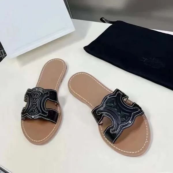 

women sandals embossing slippers fashion casual calfskin flat shoes size 35-42, Black
