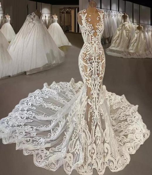 

2022 lace mermaid wedding dresses real material bridal gowns jewel neck appliqued country boho beach vestidos de novia6213607, White