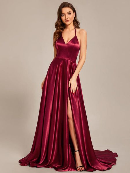 

custom size halter neck high front slit floor length prom dress prom, Black