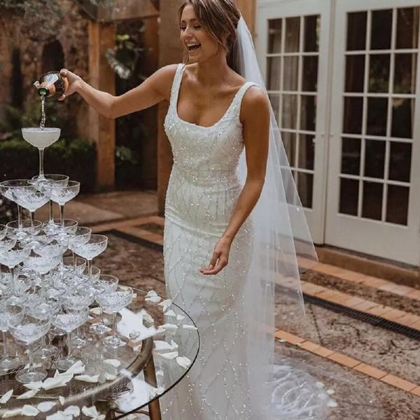 

beaded sequined exquisite mermaid wedding dress 2023 square collar sleeveless shiny bridal gown tulle vestidos de novia, White