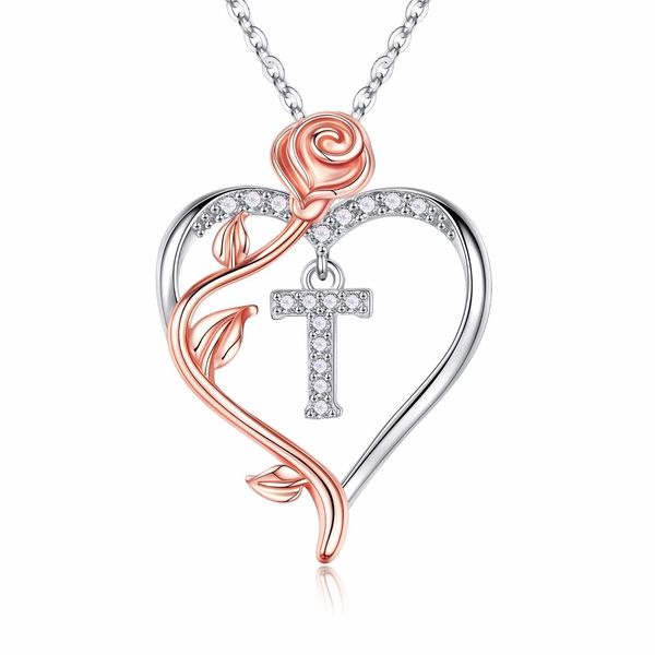 

iefil rose heart necklaces gifts for women,925 sterling silver rose love heart initial letter pendant necklace jewelry mothers day valentine