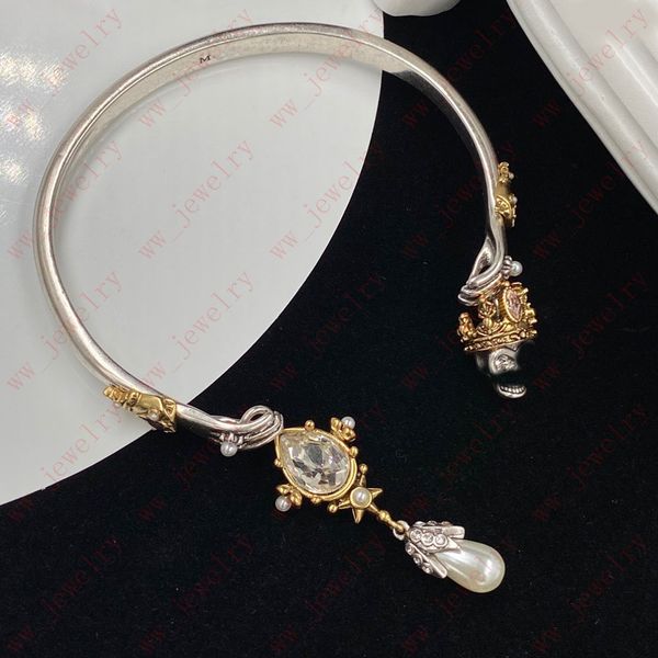 

ladies skull cuff, crown skull pearl rhinestone pendant half opening bracelet, baroque trend retro darkness ghost bracelet, cool girl must-h, White