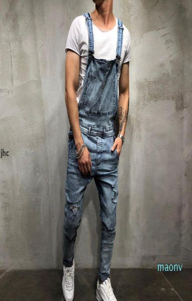 

2020 fashion mens ripped jeans jumpsuits street distressed hole denim bib overalls for man suspender pants size mxxl p7360691, Blue