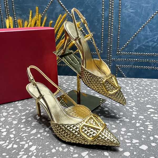 

spring and autumn new high heels metal pointed shallow mouth after lacing leather slender heels womens shoes luxury designer commuter shoes, Black