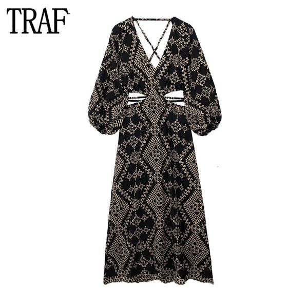 

basic casual dresses traf embroidery long dress women black cut out dress woman puff sleeve midi dresses for women boho backless summer dres, Black;gray