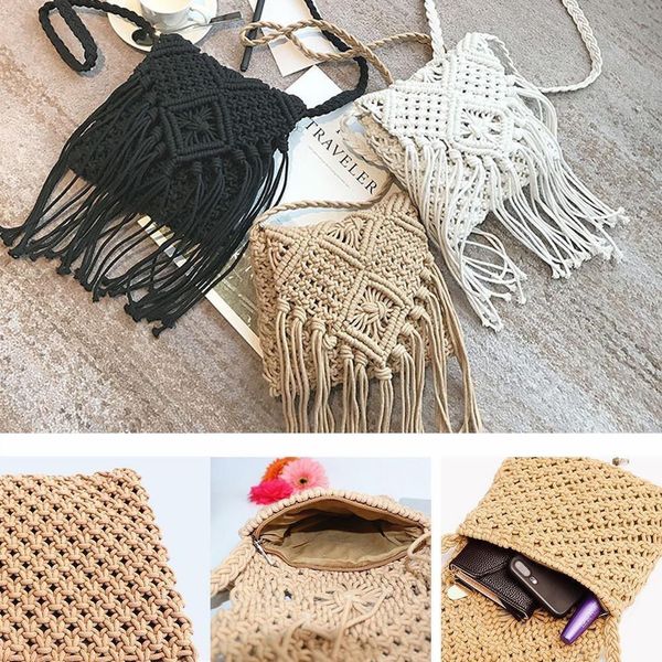 

argyle woven crossbody bag boho style fringe flap shoulder bag for women knitting tassel purses and handmade cotton fashion beach bag summer