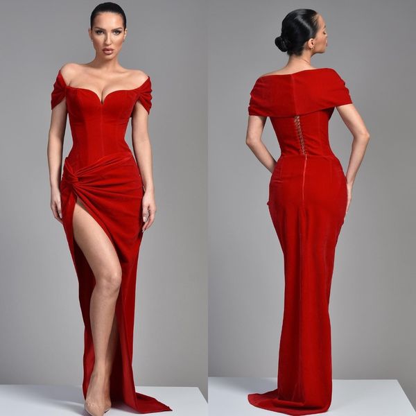 

red evening dresses off shoulder velvet split party prom dress sweep train long dress for red carpet special occasion, Black;red