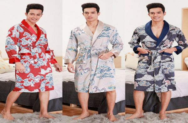 

new autumn longsleeved cartoon pattern men robe navy blue men knee silk bathrobe men039s pajamas nightgown5475334, Black;brown