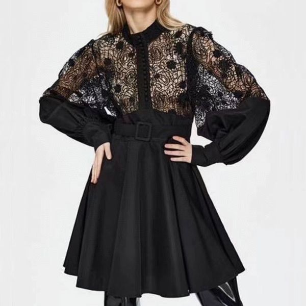 

designer dress french niche women designer clothing water soluble lace dress stand up collar patchwork long sleeved waistband slimming a-lin, Black;gray