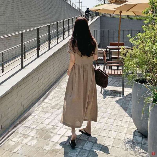 

xg summer korean version of the mid long cotton and linen short sleeved dress womens knee length bellflower suit, Black;gray