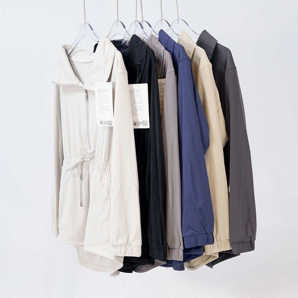 

lulu coat cinch-waist women's windproof waist adjustable elastic long jacket sports casual fashion style polo neck windbreaker coat lem