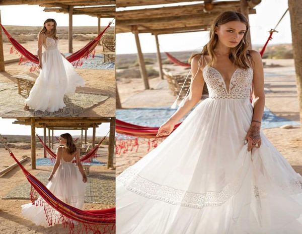 

asaf dadush 2020 bohemian wedding dresses spaghetti straps backless lace bridal dress beach chiffon a line wedding gowns9074512, White