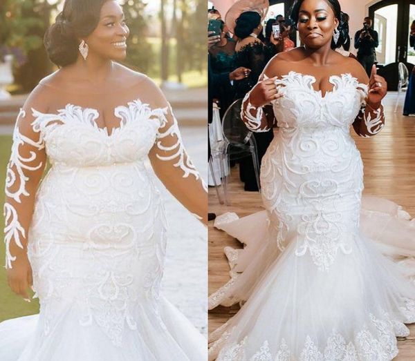 

african plus size mermaid wedding dresses 2024 bridal gowns illusion long sleeves jewel button back lace appliqued robe de mariee, White