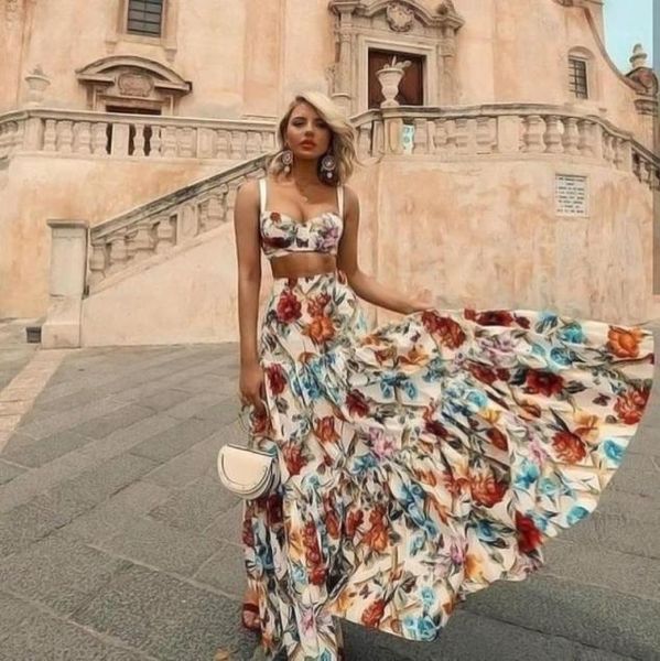

bellflower floral summer maxi dress women sleeveless bohemian long beach dresses plus size dress 2 piece set women13220575, Black;gray