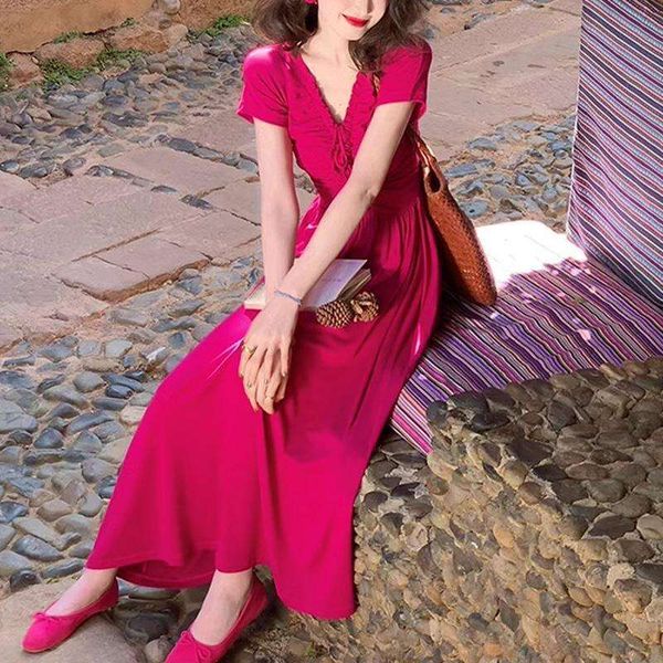 

yayun| arrival sweet berry sauce ice silk modal white red v neck dress temperament long skirt for women, Black;gray