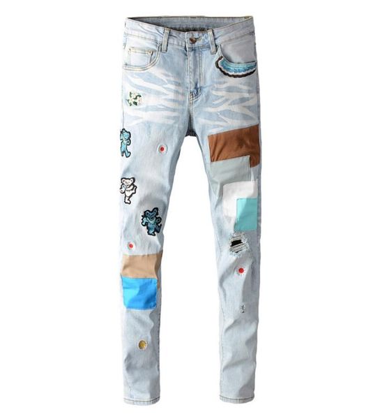 

moruancle men039s bear embroidery patchwork light blue jeans streetwear holes ripped stretch denim skinny jeans2409135