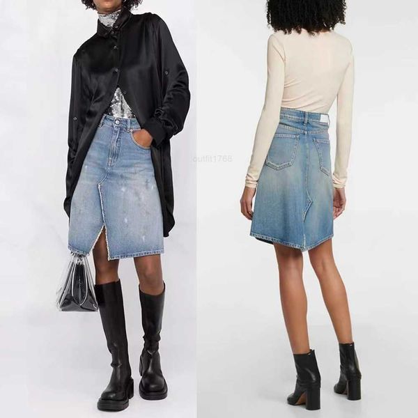 

mm6 same high waist split lacquer dot nostalgic denim mid skirt girl, Black