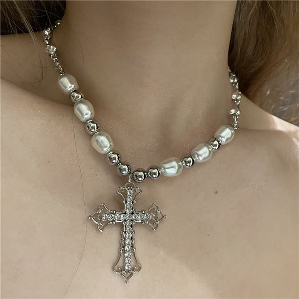 

hip hop vintage pearl necklace punk simple sweet cool dark cross pendant chain, Silver