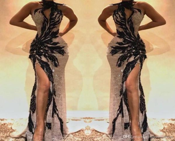 

2022 split side high lace mermaid prom dresses keyhole neck crystal beaded backless evening gowns hollow out front celebrity dress6756686, Black