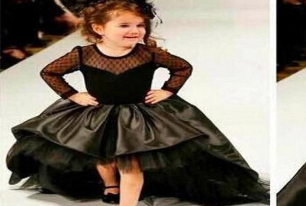 

fashion short front long back black flower girl dresses transparent wave point lace full sleeve girls pageant dress party gown6590461, White;blue