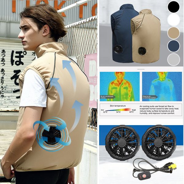 

men's vests men summer air conditioning clothing fan cooling vest usb charging cooling sport man outdoor solid color coat plus size 230, Black;white