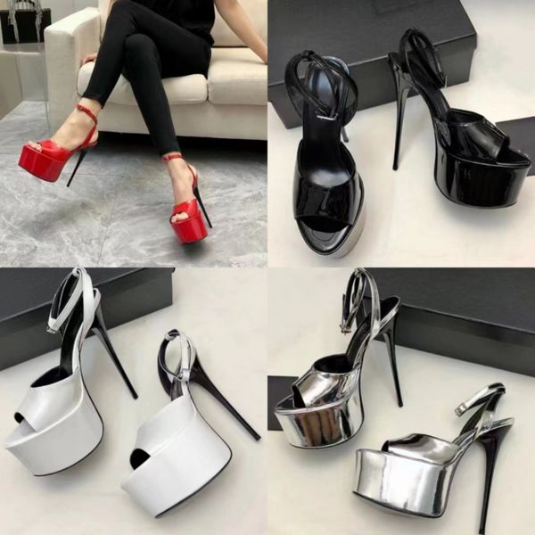 

designer high heels sandals genuine leather cross ankle strap horseshoe heels high heels double waterproof platform 15.5cm wedding party dre, Black