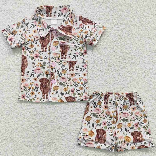 

designer fashion clothes kids girls sleepwear set flower cow print boutique baby girl pajamas shorts outfits boys nightwear outfits, White