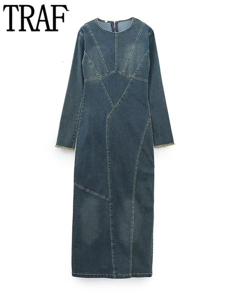 

basic casual dresses traf blue denim dress woman winter long dresses for women going out casual maxi dress women long sleeve slit female dre, Black;gray