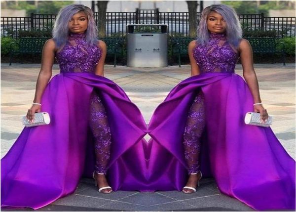 

2020 lace appliqued bead evening gowns luxury african party women pant suits classic jumpsuits prom dresses with detachable train 9370019, Black