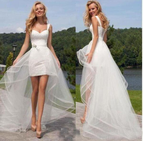 

beach two pieces wedding dresses sweetheart laceup short lace detachable skirt 2 in 1 bridal gown 20194040606, White