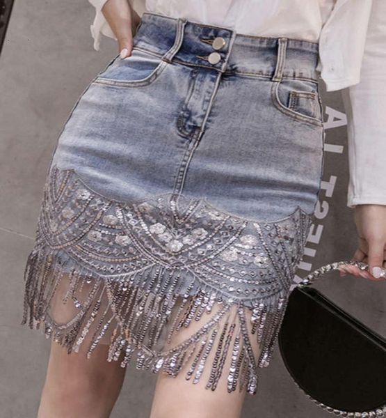 

2021denim women039s summer dress 2021 new fashion large sequin high waist hip skirt2265055, Blue