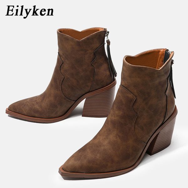 

boots eilyken design fringe zipper boots women pointed toe heel ankle boots thick square heel western cowboy women shoes 230728, Black