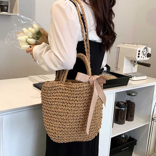 

totes fashionable ribbon bow grass bag women's handbag large capacity shoulder bag summer beach bag seashore handbagstylishdesignerbags