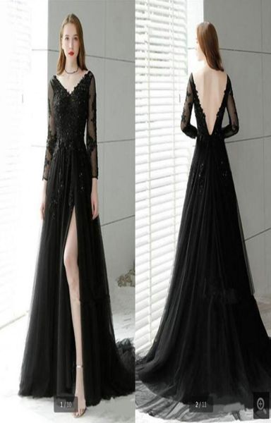 

black tulle v neck a line prom dresses long sleeve beaded lace appliques elegant formal evening party gowns backless side sli2134266