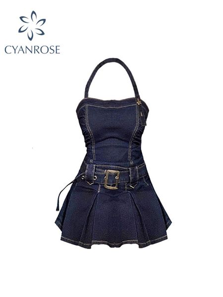 

basic casual dresse denim mini dress off shoulder halter neck sleeveless suspender summer y2k vintage party elegant ladies a line frocks 230, Black;gray