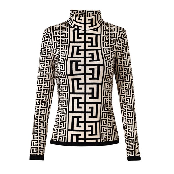 

high-quality geometric pattern turtle neck wool blend sweaters, White;black