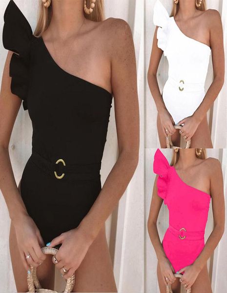 

women solid one shoulder ruffle high cut belt beach bikin2019 new arrival thong one piece swimwear mujer padded swimsuit sexy2423109