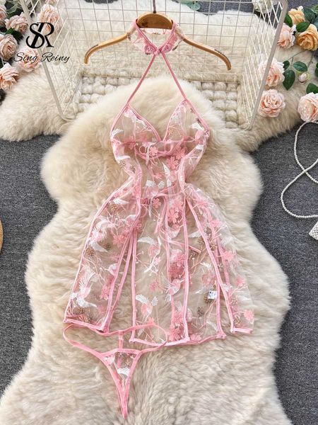 

skirt singreiny sheer erotic lace pajamas women embroidery lace-up skinny split cheongsam underwear summer lingerie halter night dress 23071, Red;black