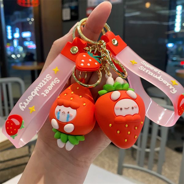 

fashion blogger designer jewelr soft adhesive strawberry family cute strawberry keychain mobile phone keychains lanyards keyrings wholesale, Slivery;golden