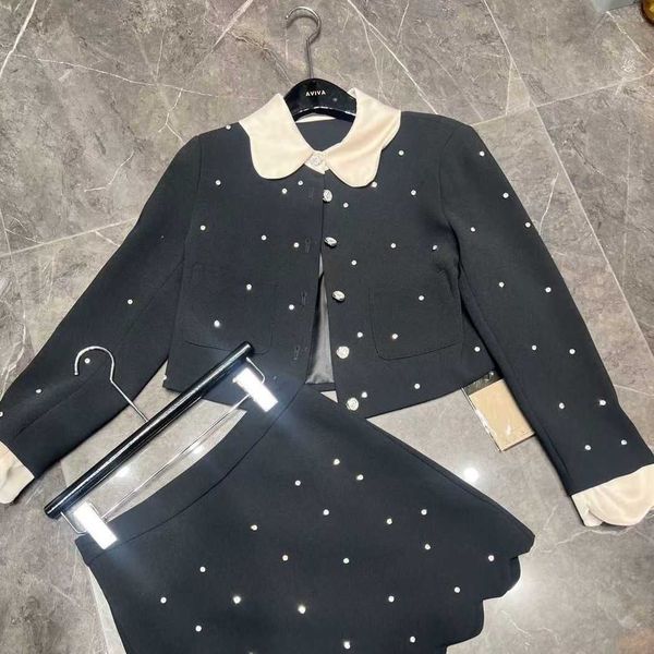 

spring and summer ladies hepburn style high-waisted beaded suit short skirt, small fragrant wind coat high-waisted short skirt casual fashio, White