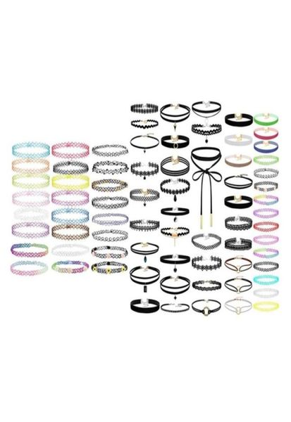 

74 pcs accessories 24pcs necklace gothic henna tattoo stretch jewelry value pack 50pcs choker necklaces set58109174359405, Golden;silver