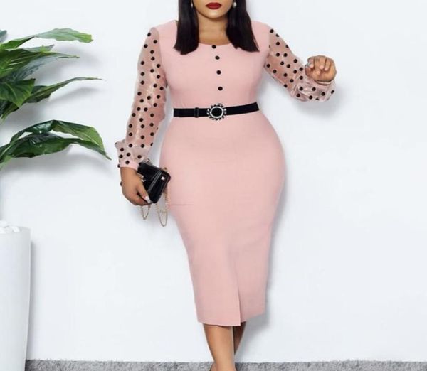 

pink dress o neck transparent mesh long sleeves polka dot classy women elastic elegant office lady modest female african fashion 29708803, Black;gray