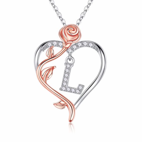 

iefil rose heart necklaces gifts for women,925 sterling silver rose love heart initial letter pendant necklace jewelry mothers day valentine