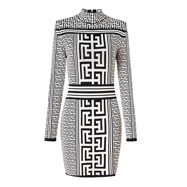 

high-quality runway style geometric pattern stand collar long sleeve knitting hip dress, Black;pink