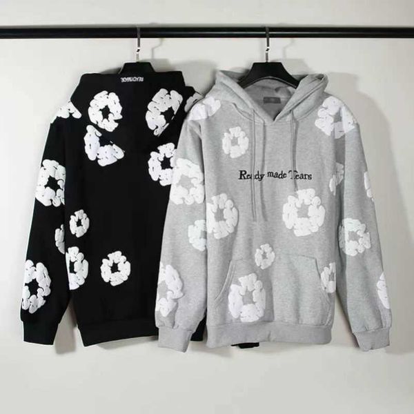 

fashion mens readymade denim tears hoodies flower puff printed distressed hoodie sweatshirt men pullover, Black