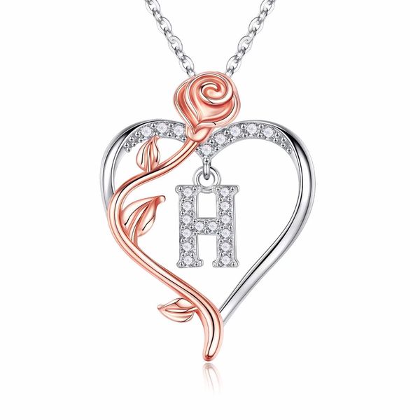 

iefil rose heart necklaces gifts for women,925 sterling silver rose love heart initial letter pendant necklace jewelry mothers day valentine